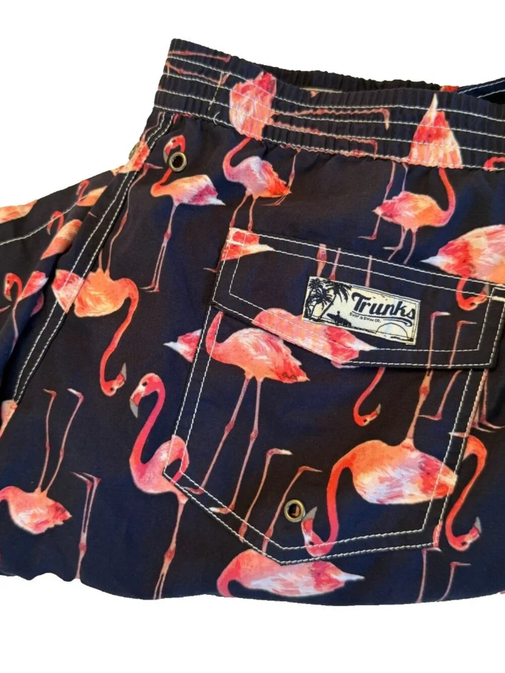 TRUNKS SURF & SWIM FLAMINGO PRINT NAVY BLUE PINK LINED SHORTS MENS SIZE XL